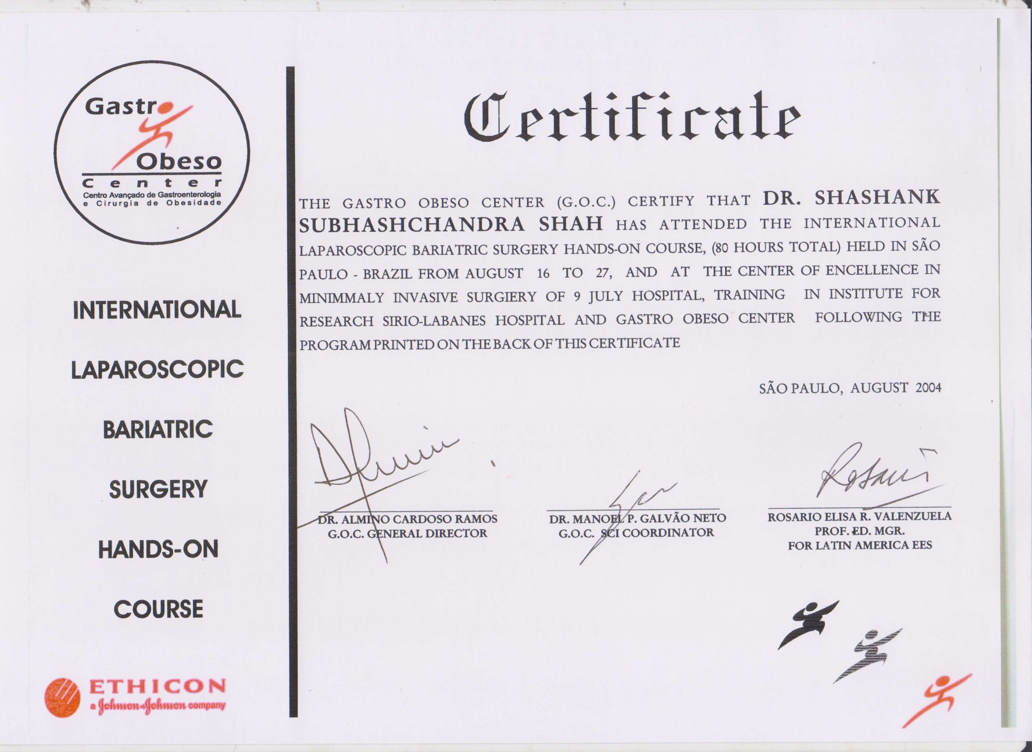 Certificate of Hands on Course in Laparoscopic Bariatric Surgery by the Gastro Obeso Centre held in Sao Paulo, Brazil in 2004.
